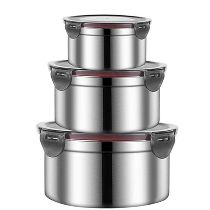 3PCS Stainless Steel Sealed Crisper Storage Box with Lid Round Food Lunch Box - Black