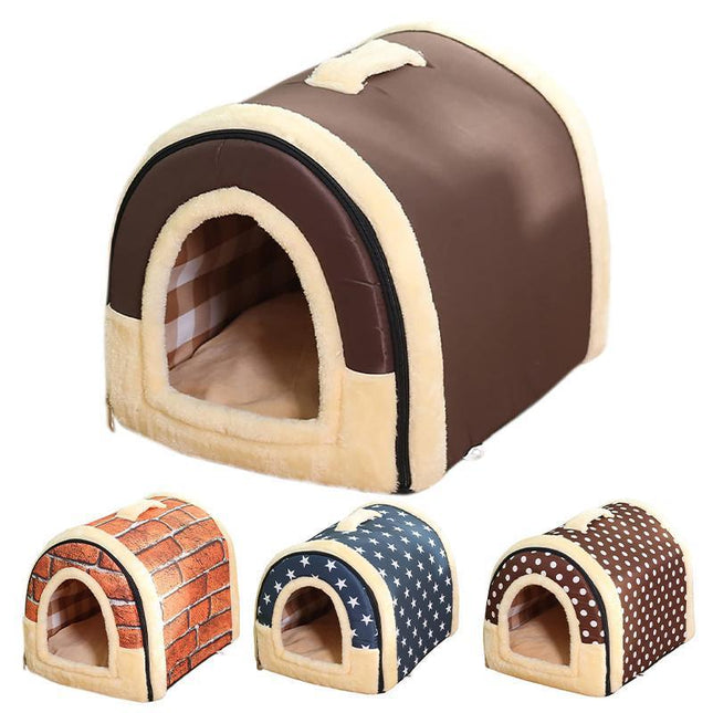 XL Size Pet House Kennel Soft Igloo Beds Cave Cat Puppy Bed Warm Cushion Fold - Brown Dots