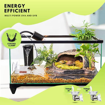 E27 Reptile Heat Lamp UVA UVB Turtle Lizard Heating Light with Clip - 25W Bulb + White Holder