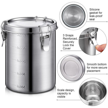 Stainless Steel Pet Food Storage Bucket Dog Cat Grain Container Bin Kitchen - 1600ml