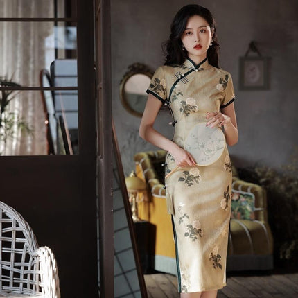 Retro Chinese Style Yellow Jacquard Cheongsam Short Sleeve Improved Young Style - XXL