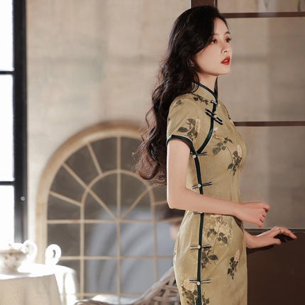 Retro Chinese Style Yellow Jacquard Cheongsam Short Sleeve Improved Young Style - XXL