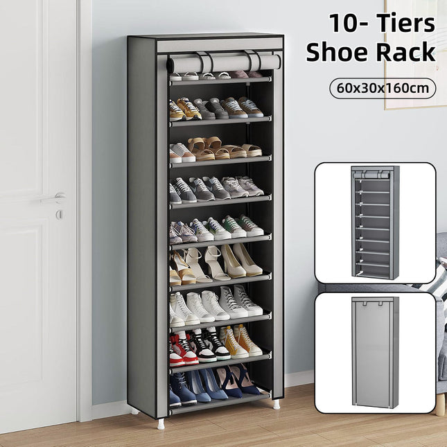 10 Tier Black Shoe Rack Dustproof Organiser Shoe Storage Cabinet for Home Use