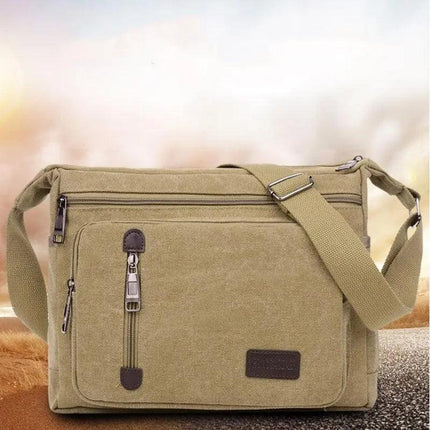 Retro Canvas Messenger Shoulder Bag for Men Travel Crossbody Satchel with Zippers - Khaki