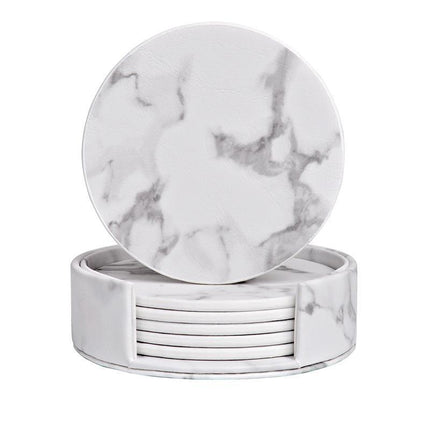 6x Coasters with Holder Marble Texture Round Cup Mat Pad Set For Drinks - Marble Black
