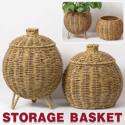 Hand Woven Storage Container with Lid Tabletop Basket Sundries Holder Organizer - Without Legs