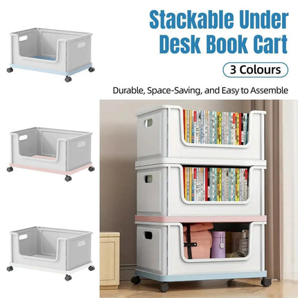 Under Desk Book Storage Box with Wheels Movable Classroom Student Organiser Rack - Blue