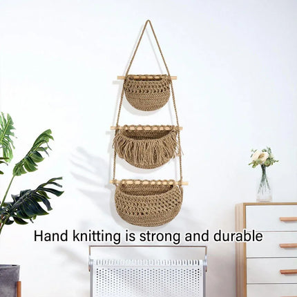 Three Layer Cotton Rope Wall Hanging Basket Door Storage Rack Organizer Bag - Brown