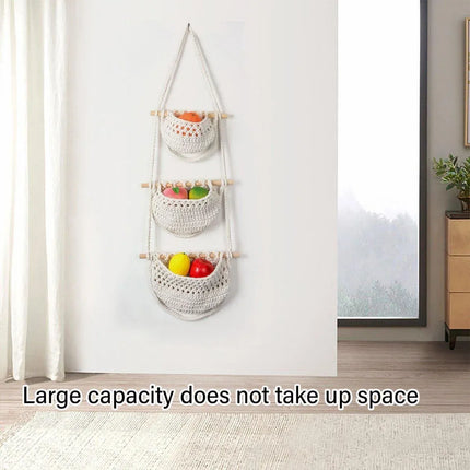 Three Layer Cotton Rope Wall Hanging Basket Door Storage Rack Organizer Bag - Brown