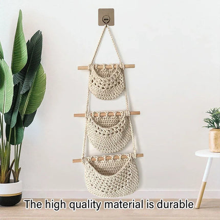 Three Layer Cotton Rope Wall Hanging Basket Door Storage Rack Organizer Bag - Brown