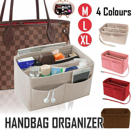 Felt Handbag Organizer Insert with Multiple Pockets for Tote and Purse - Red L Size