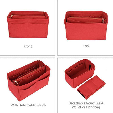 Felt Handbag Organizer Insert with Multiple Pockets for Tote and Purse - Red L Size