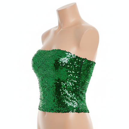 Womens SEQUIN BANDEAU CROP TOP Sparkling Sparkly Costume Tube - Green
