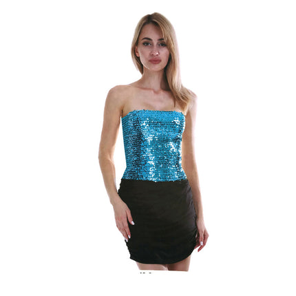 Womens SEQUIN BANDEAU CROP TOP Sparkling Sparkly Costume Tube - Light Blue