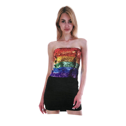Womens SEQUIN BANDEAU CROP TOP Sparkling Sparkly Costume Tube - Rainbow