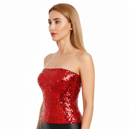 Womens SEQUIN BANDEAU CROP TOP Sparkling Sparkly Costume Tube - Red