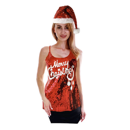 Womens Merry Christmas Sequin Singlet Camisole Cami Costume Party Xmas