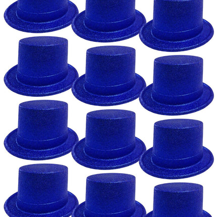 12x GLITTER TOP HAT Fancy Party Plastic Costume Tall Cap Fun Dress Up BULK - Blue