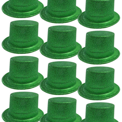 12x GLITTER TOP HAT Fancy Party Plastic Costume Tall Cap Fun Dress Up BULK - Green