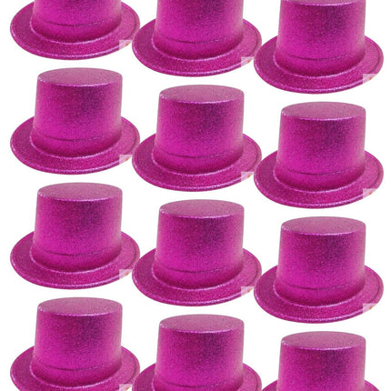 12x GLITTER TOP HAT Fancy Party Plastic Costume Tall Cap Fun Dress Up BULK - Hot Pink