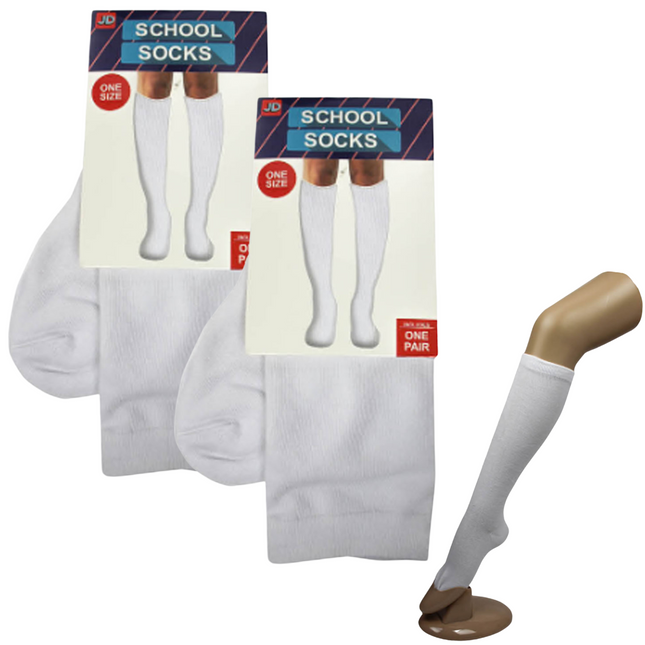 2 Pairs SCHOOL SOCKS Plain Ribbed Knee High Cotton Girls Boys Unisex Kid - White - One Size Fits Most
