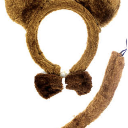 BROWN BEAR EARS HEADBAND w Bow Tail Animal Costume Halloween Party Hair Accessory