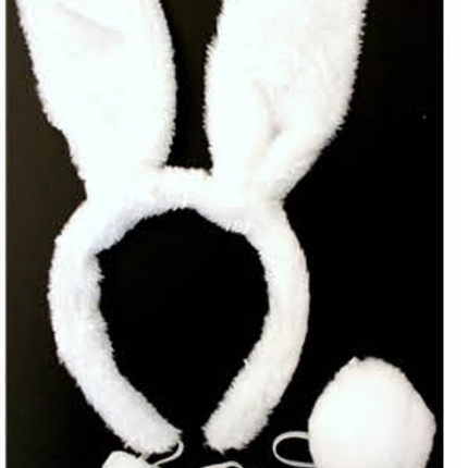 WHITE RABBIT EARS HEADBAND w Bow Tail Animal Costume Halloween Party Hair Accessory