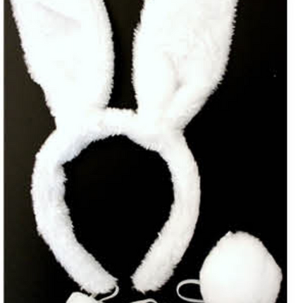 WHITE RABBIT EARS HEADBAND w Bow Tail Animal Costume Halloween Party Hair Accessory