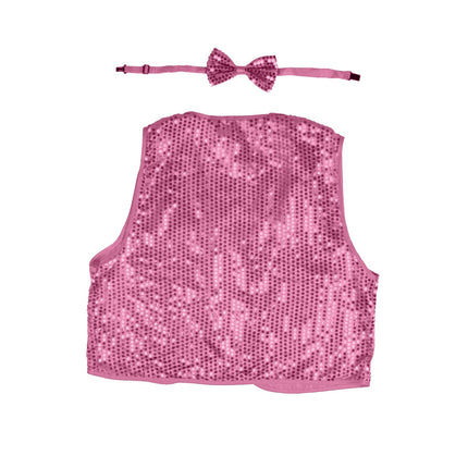 Kids Sequin Vest Bow Tie Set Costume 80s Party Dress Up Waistcoat - Light Pink