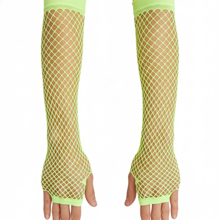 Long Elbow Length Fishnet Gloves Fingerless 70s 80s Womens Costume Party Dance in Fluro Yellow