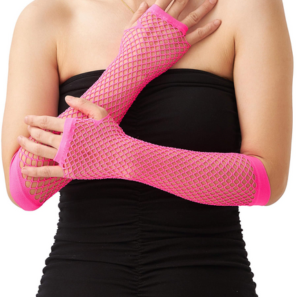 Long Elbow Length Fishnet Gloves Fingerless 70s 80s Womens Costume Party Dance in Hot Pink