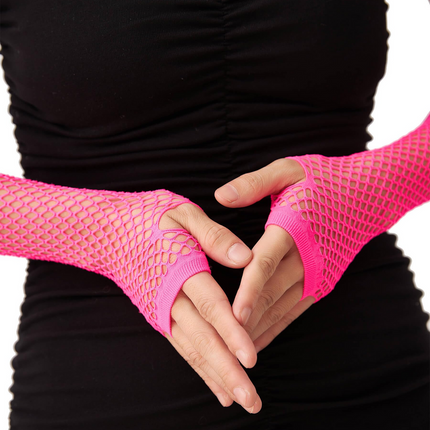 Long Elbow Length Fishnet Gloves Fingerless 70s 80s Womens Costume Party Dance in Hot Pink