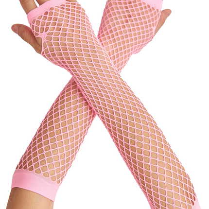 Long Elbow Length Fishnet Gloves Fingerless 70s 80s Womens Costume Party Dance in Light Pink