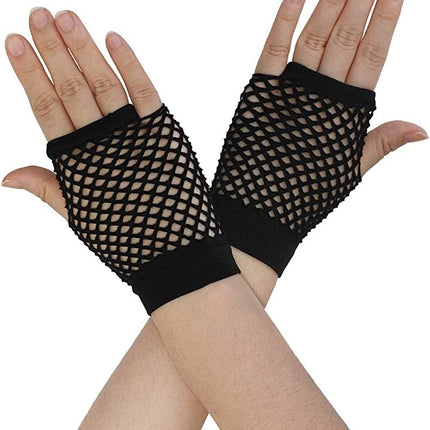 1 Pair Fishnet Gloves Fingerless Wrist Length 70s 80s Costume Party Dance - Black