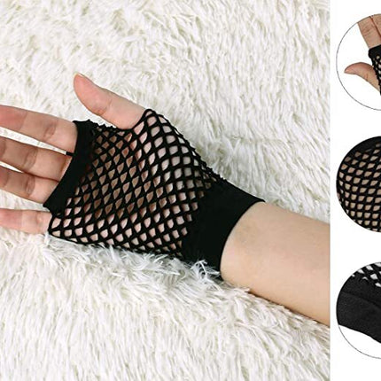 1 Pair Fishnet Gloves Fingerless Wrist Length 70s 80s Costume Party Dance - Black