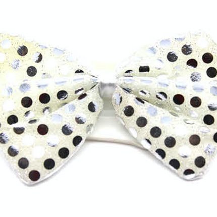 SEQUIN BOW TIE Polka Dots Bowtie Party Unisex Costume  13cm x 9cm Clown - White/Silver