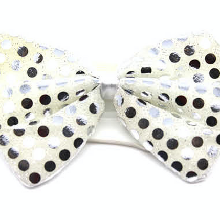 SEQUIN BOW TIE Polka Dots Bowtie Party Unisex Costume  13cm x 9cm Clown - White/Silver