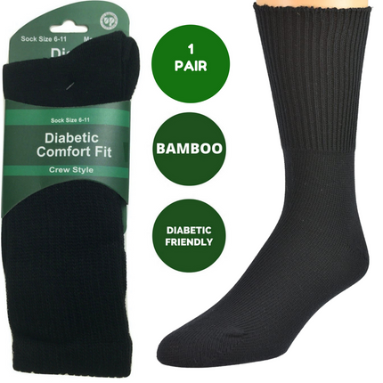 1 Pair DIABETIC BAMBOO Socks Work Socks Medical Loose Top Crew Cushion BLACK - 6-11