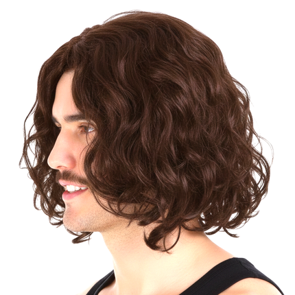 MENS WAVY WIG Curly Long Hair Disco Punk Rock Party Costume 60s 70s - Brown