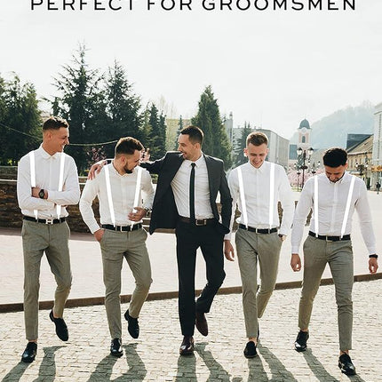 2x Mens Suspenders Braces Adjustable Strong Clip On Elastic Formal Wedding Slim - White