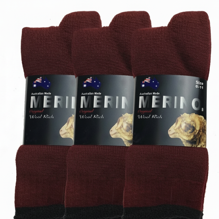 3 Pairs MERINO WOOL SOCKS Mens Heavy Duty Premium Thick Work Socks Cushion - Burgundy - 11-14