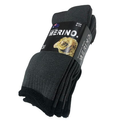 3 Pairs MERINO WOOL SOCKS Mens Heavy Duty Premium Thick Work Socks Cushion - Dark Grey - 11-14