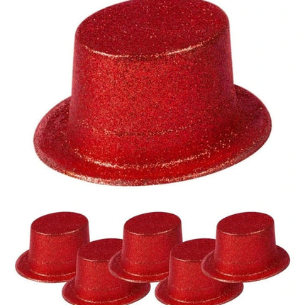 6x GLITTER TOP HAT Fancy Party Plastic Costume Tall Cap Fun Dress Up BULK - Red - One Size