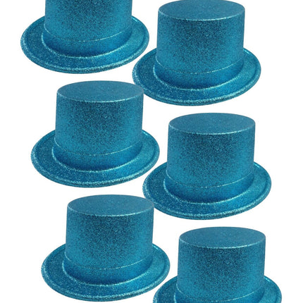 6x GLITTER TOP HAT Fancy Party Plastic Costume Tall Cap Fun Dress Up BULK - Sky Blue