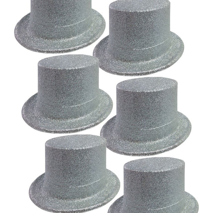 6x GLITTER TOP HAT Fancy Party Plastic Costume Tall Cap Fun Dress Up BULK - Silver - One Size