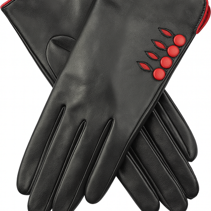 Dents Womens Leather Gloves w/ Button Detail Piped Cuff & Silk Feel Lining - Black/Berry - Large