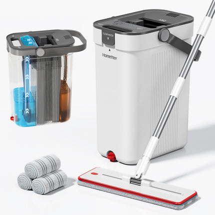 Premium Microfiber Flat Mop Bucket Set w/ Clean & Dirty Water Separation 360 Degree - White
