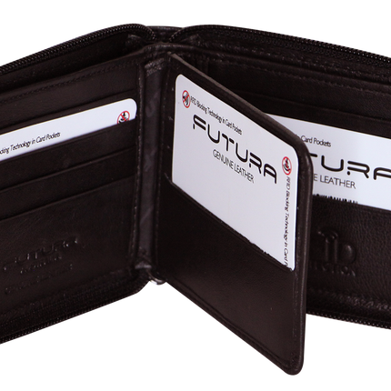 Futura Mens RFID Protected Genuine Leather Wallet Zip Around - Brown