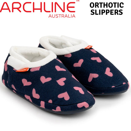 ARCHLINE Orthotic Slippers CLOSED Arch Scuffs Moccasins Pain Relief in Navy Hearts - EUR39