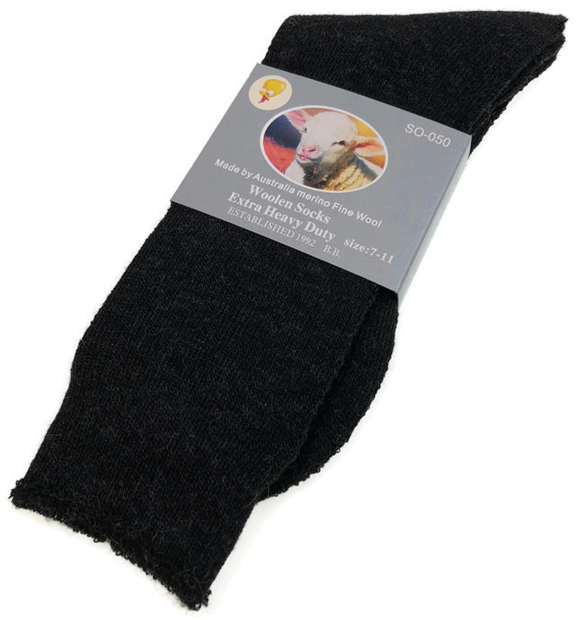 1 Pair Merino Wool Blend Woolen Work Socks Hiking Heavy Duty Warm Winter Thermal - Black - 7-11